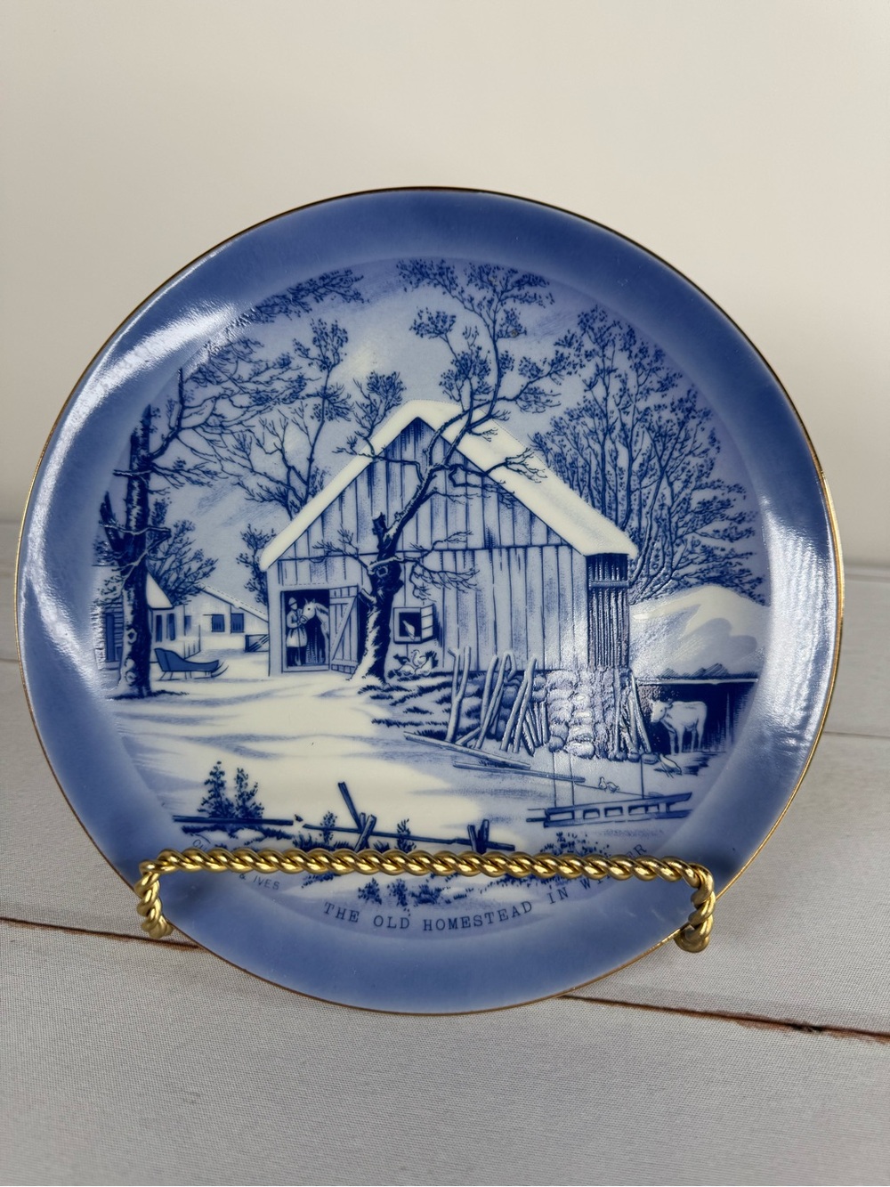 Vintage Currier & Ives "The Old Homestead in Winter" Blue Decorative Plate Japan